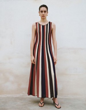 Multicolor Urban Revivo Striped U Neck Women's Knitted Dress | 07325MNHV