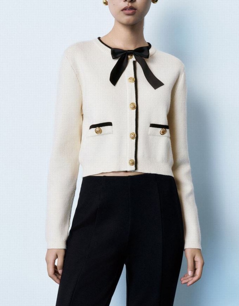 Beige Urban Revivo Bow Tie Decor Crew Neck Knitted Women's Cardigan | 40395TJQP