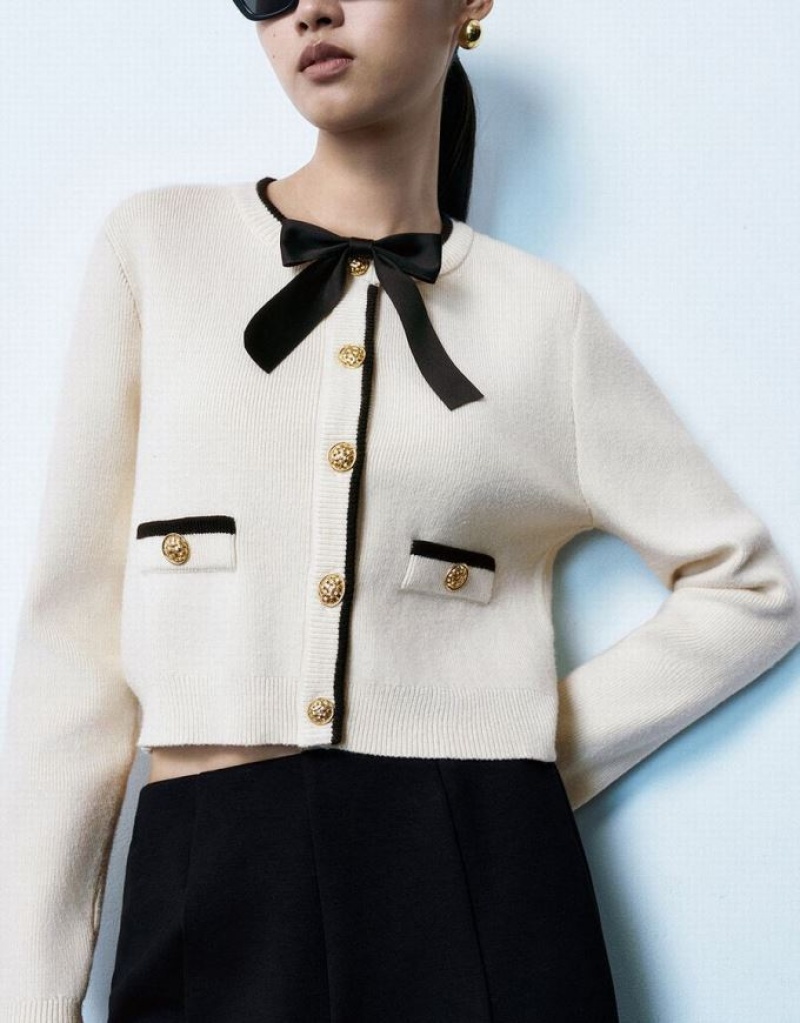 Beige Urban Revivo Bow Tie Decor Crew Neck Knitted Women's Cardigan | 40395TJQP