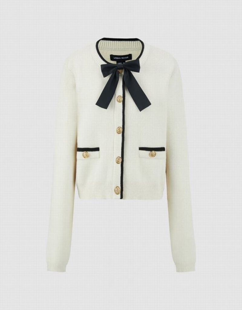 Beige Urban Revivo Bow Tie Decor Crew Neck Knitted Women\'s Cardigan | 40395TJQP