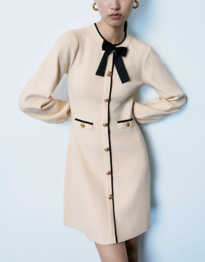 Beige Urban Revivo Bow Tie Decor Crew Neck Women's Knitted Dress | 60421CETS