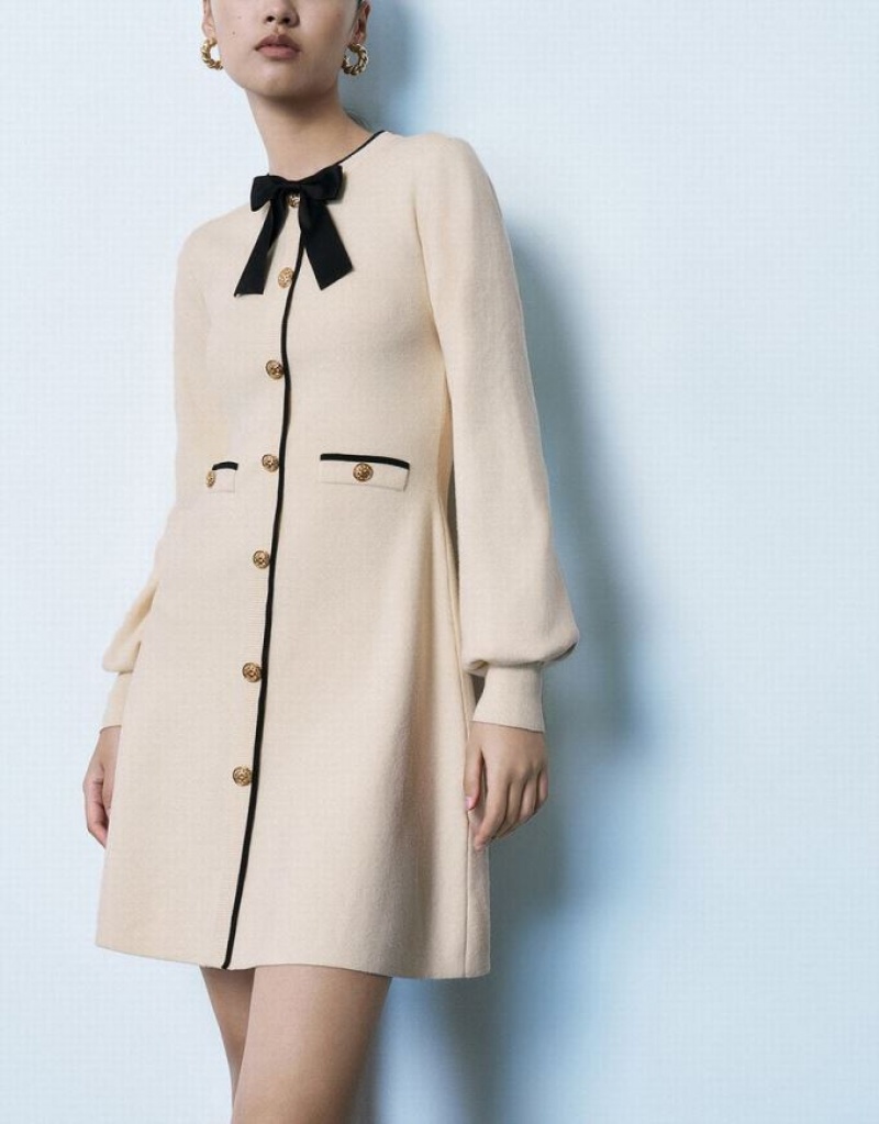 Beige Urban Revivo Bow Tie Decor Crew Neck Women's Knitted Dress | 60421CETS
