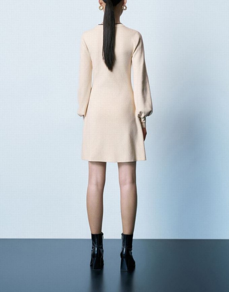 Beige Urban Revivo Bow Tie Decor Crew Neck Women's Knitted Dress | 60421CETS