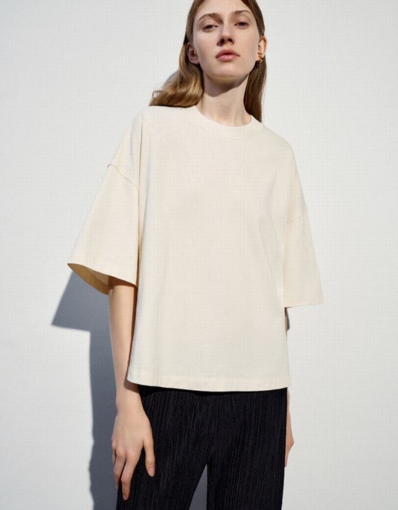 Beige Urban Revivo Crew Neck Oversized Women's T-Shirts | 96530AZTG