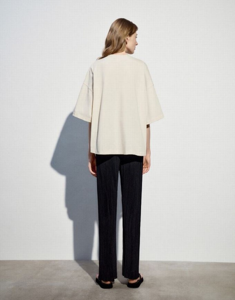 Beige Urban Revivo Crew Neck Oversized Women's T-Shirts | 96530AZTG