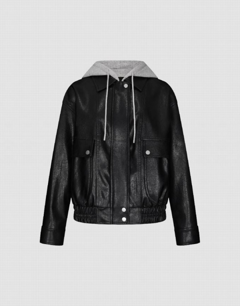 Black Urban Revivo 2 In 1 Hooded Vegan Women's Leather Jackets | 61975NDOU