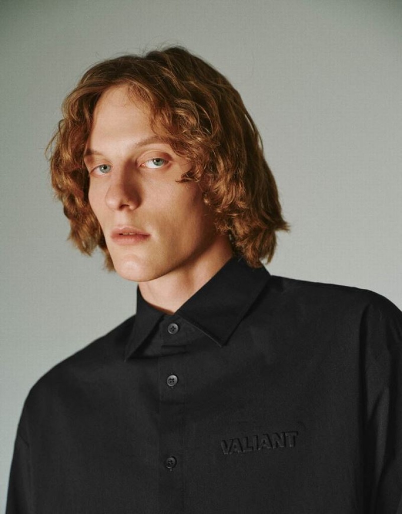 Black Urban Revivo Button Up Oversized Men's Shirts | 63890DXZB