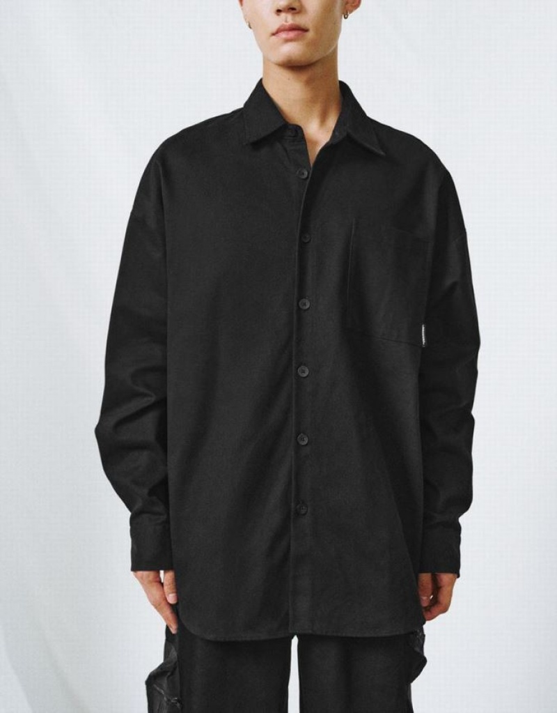 Black Urban Revivo Button Up Oversized Men's Shirts | 32751IGLE