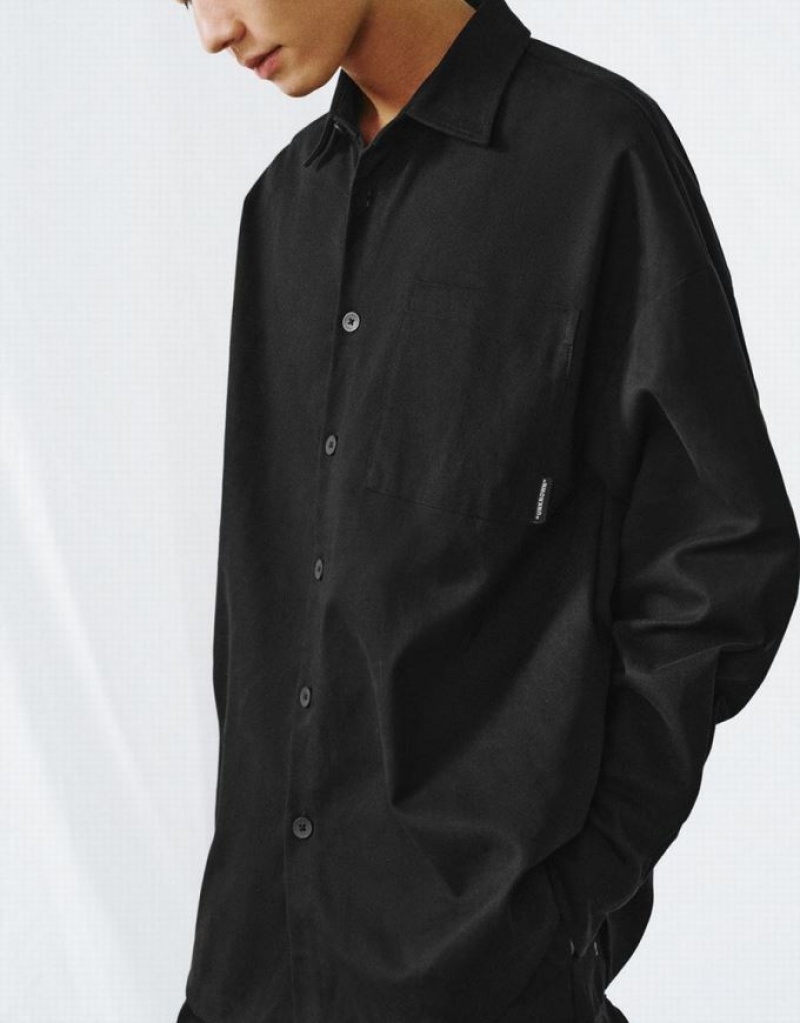 Black Urban Revivo Button Up Oversized Men's Shirts | 32751IGLE
