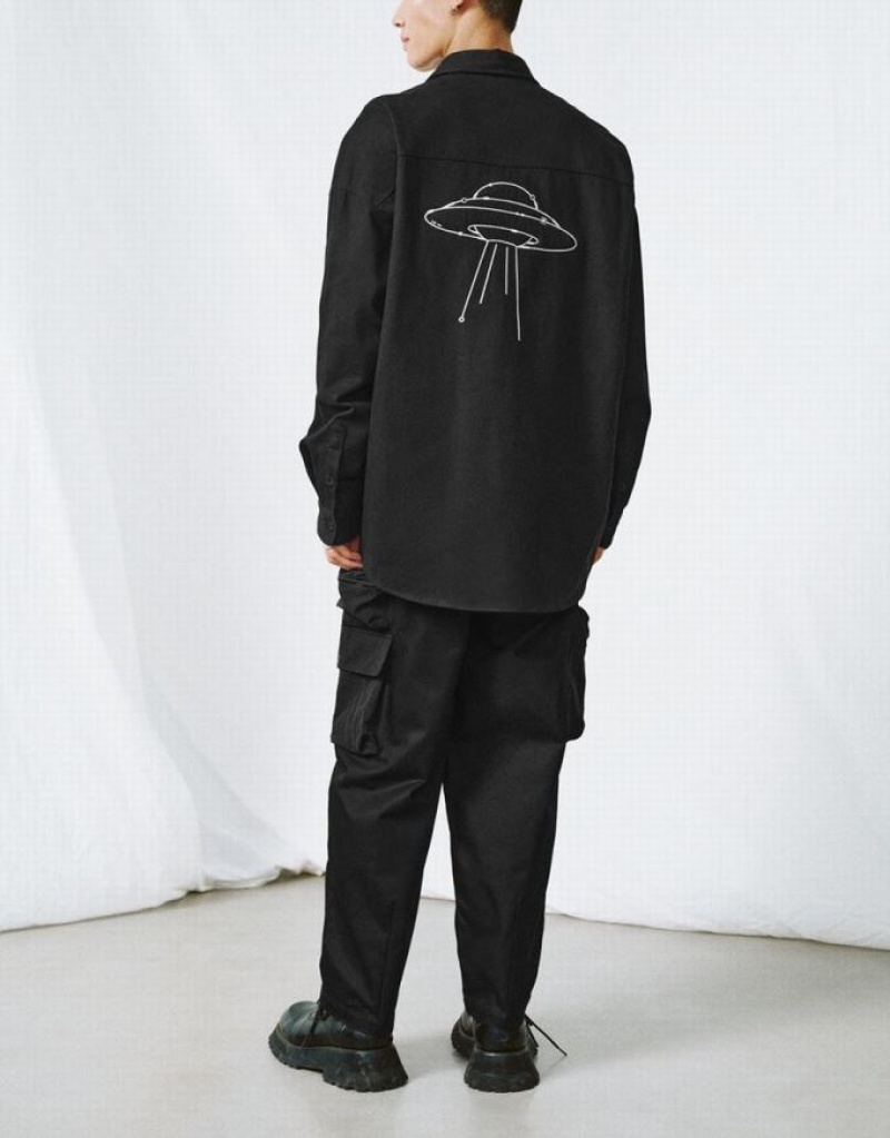 Black Urban Revivo Button Up Oversized Men's Shirts | 32751IGLE