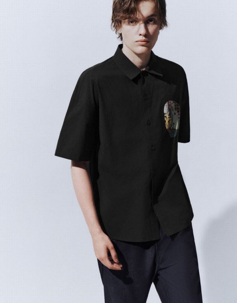Black Urban Revivo Button Up Oversized Men's Shirts | 13457PGZX