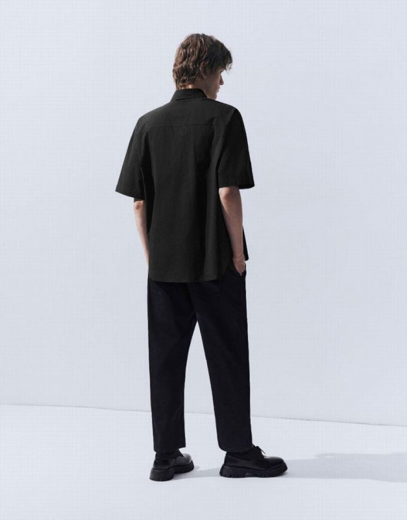 Black Urban Revivo Button Up Oversized Men's Shirts | 13457PGZX