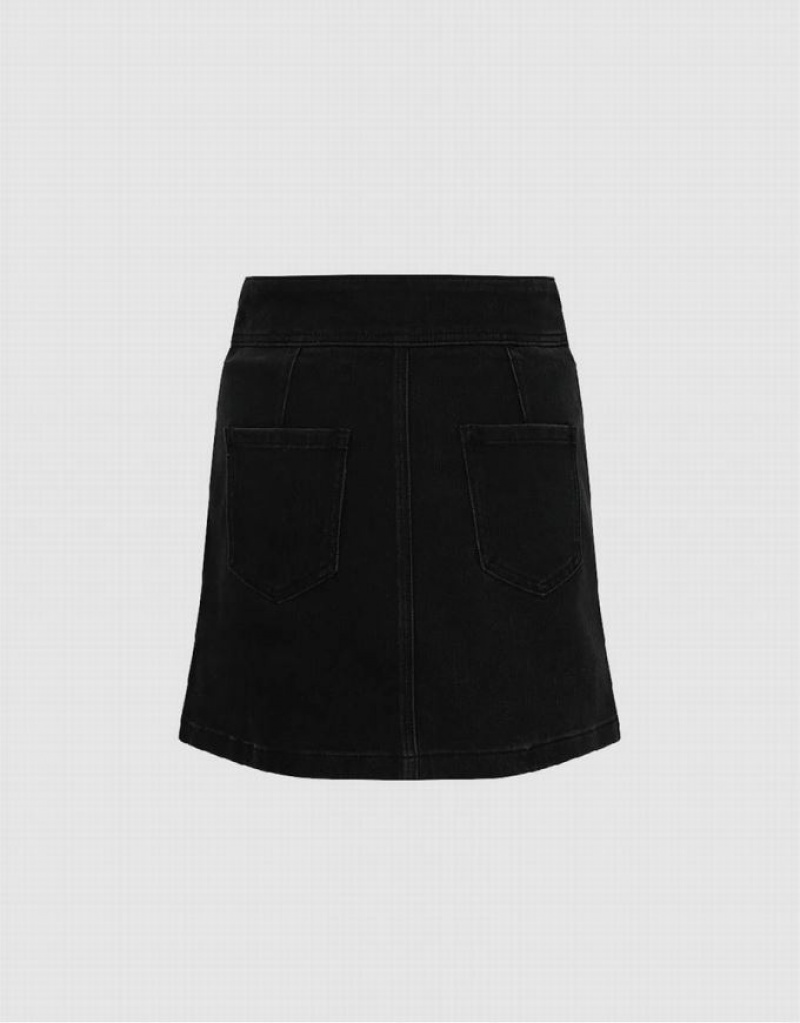 Black Urban Revivo Chian Decor Mini A-Line Women's Denim Skirt | 91245BHRX