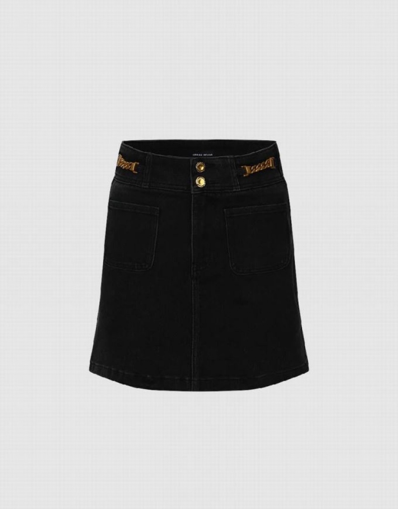 Black Urban Revivo Chian Decor Mini A-Line Women\'s Denim Skirt | 91245BHRX