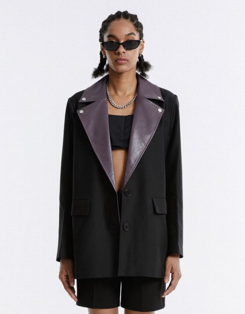 Black Urban Revivo Contrast Color Women\'s Blazers | 78240JKRP