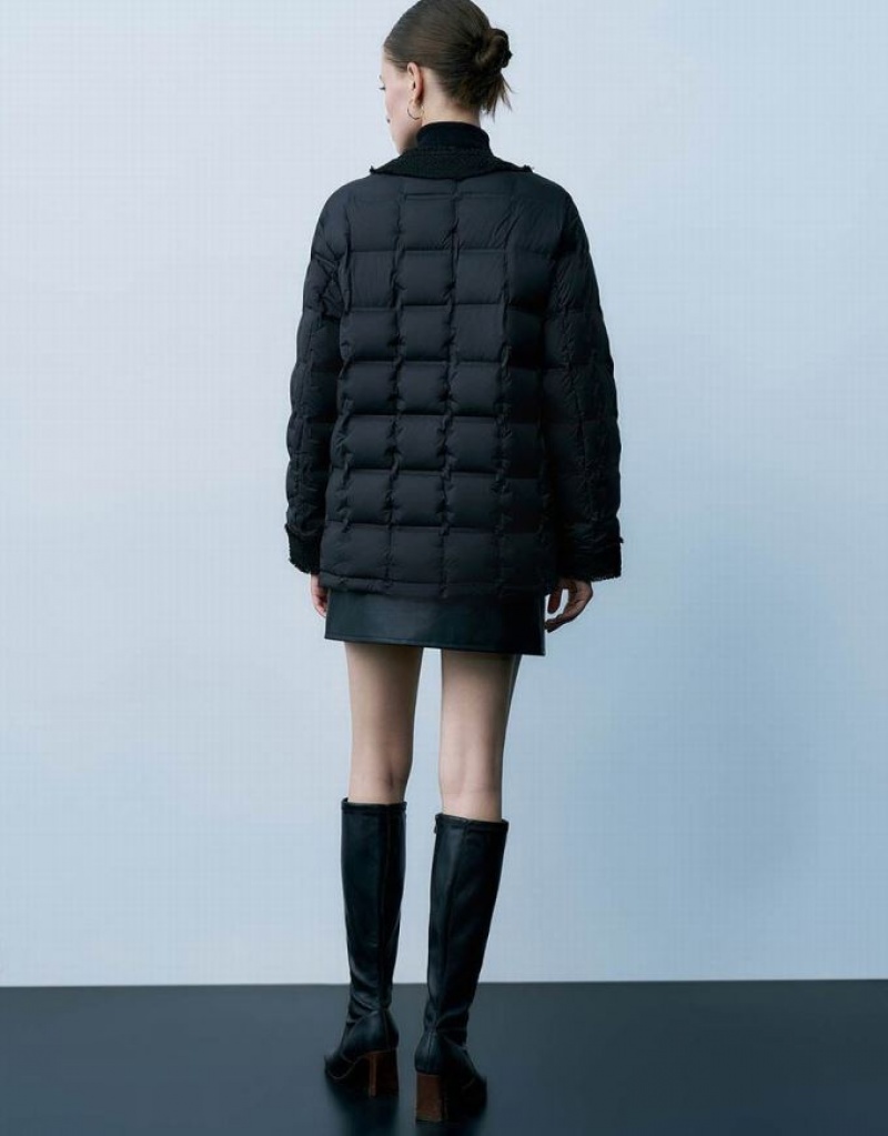 Black Urban Revivo Crew Neck Women's Down Jackets | 59713PYCG