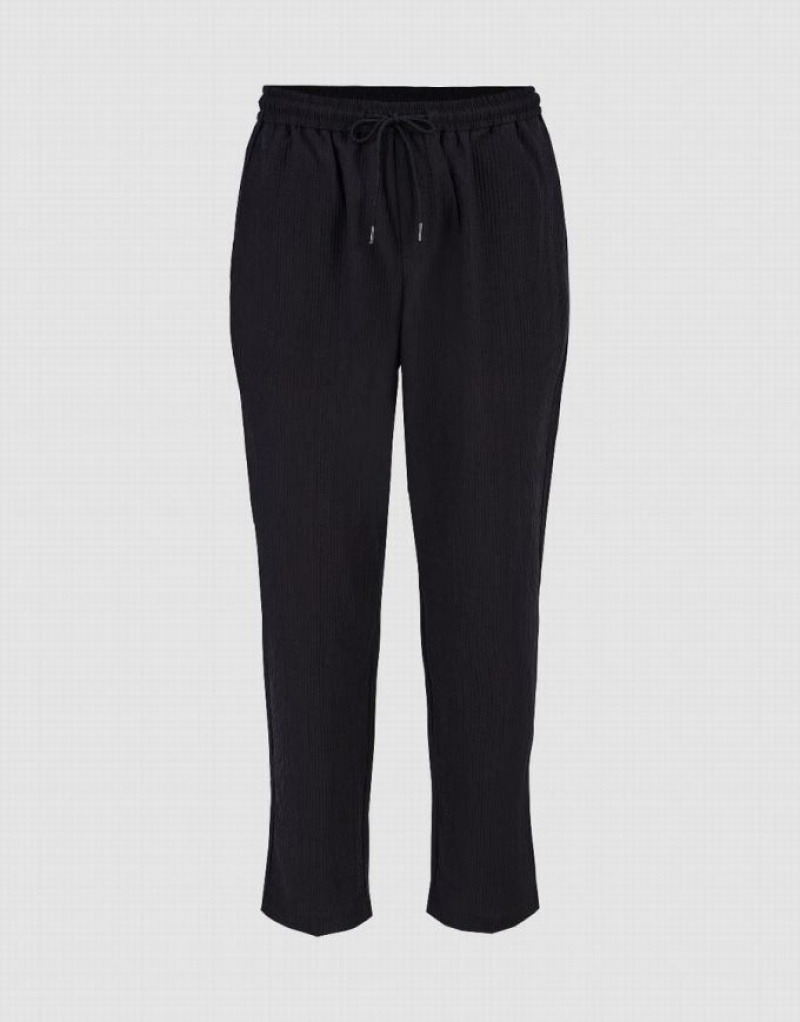 Black Urban Revivo Drawstring Waist Textured Straight Men's Pants | 36058FENT