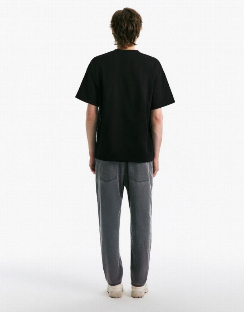 Black Urban Revivo Drop Shoulder Sleeve Crew Neck Men's T-Shirts | 16205KUFC