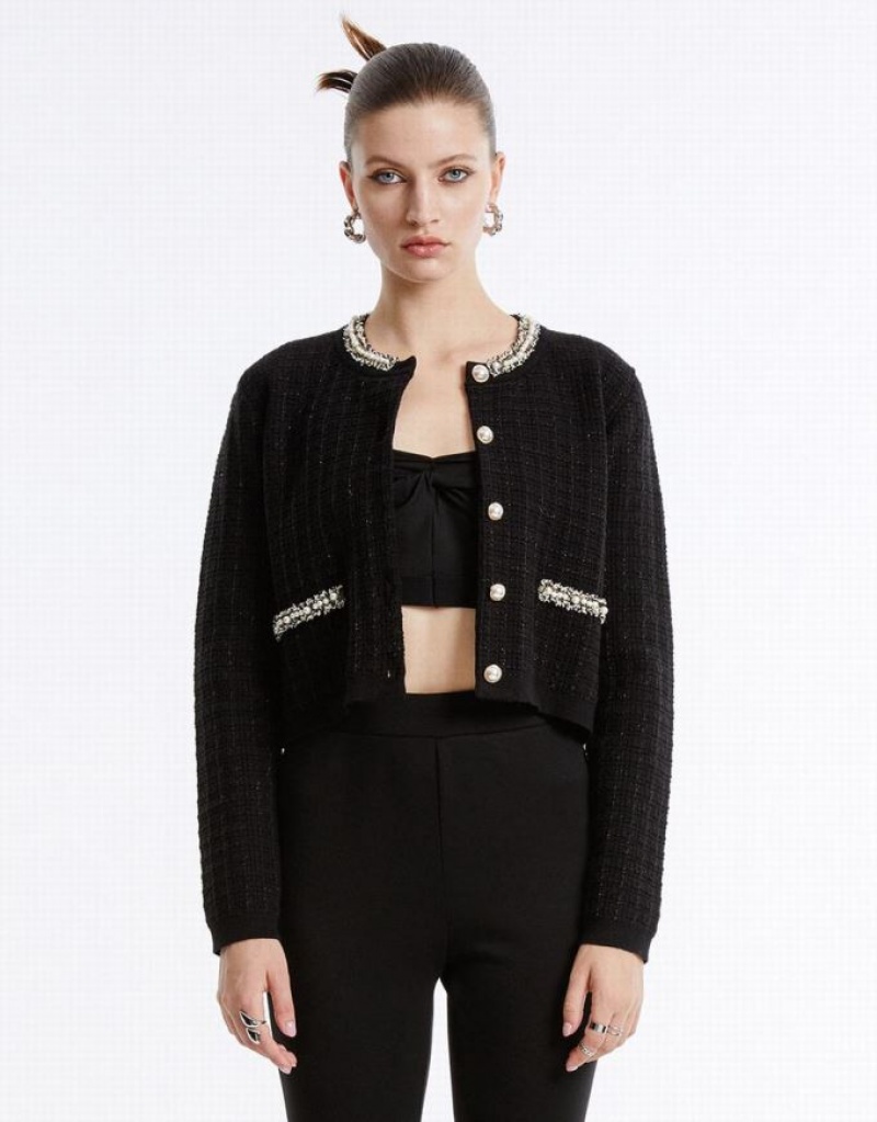 Black Urban Revivo Faux Pearl Decor Tweed Knitted Women's Cardigan | 20936FRUH