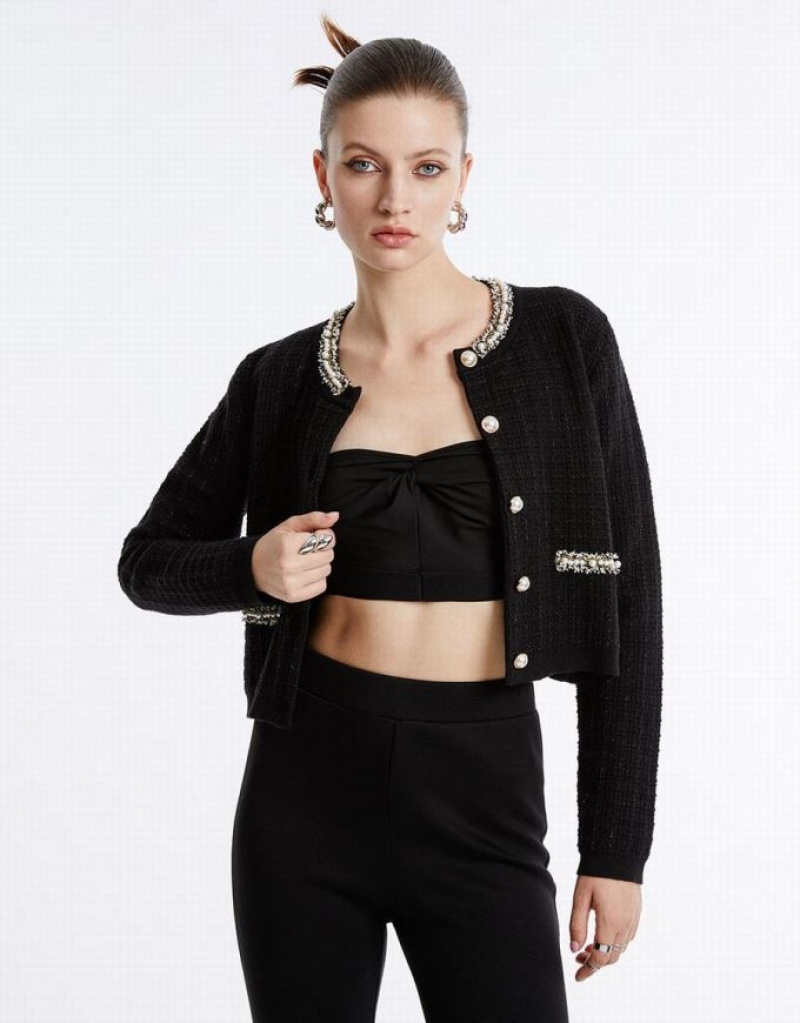 Black Urban Revivo Faux Pearl Decor Tweed Knitted Women's Cardigan | 20936FRUH