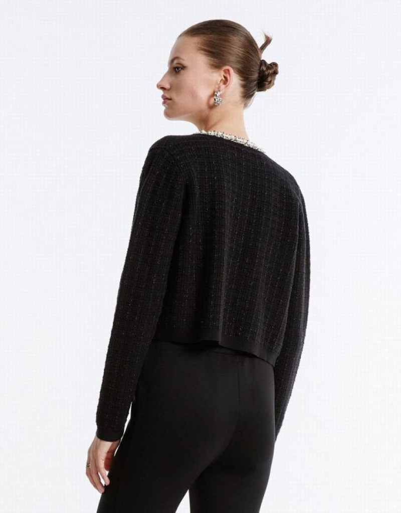 Black Urban Revivo Faux Pearl Decor Tweed Knitted Women's Cardigan | 20936FRUH