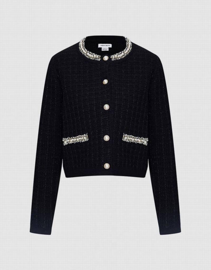 Black Urban Revivo Faux Pearl Decor Tweed Knitted Women\'s Cardigan | 20936FRUH