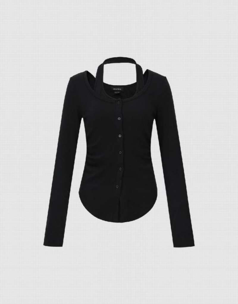 Black Urban Revivo Halter Neck 2 In 1 Knitted Women's Blouse | 71495RNGH