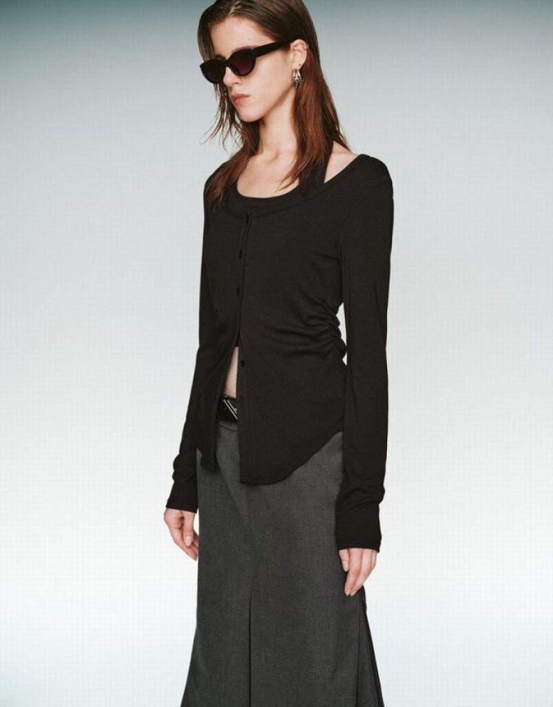 Black Urban Revivo Halter Neck 2 In 1 Knitted Women's Blouse | 71495RNGH