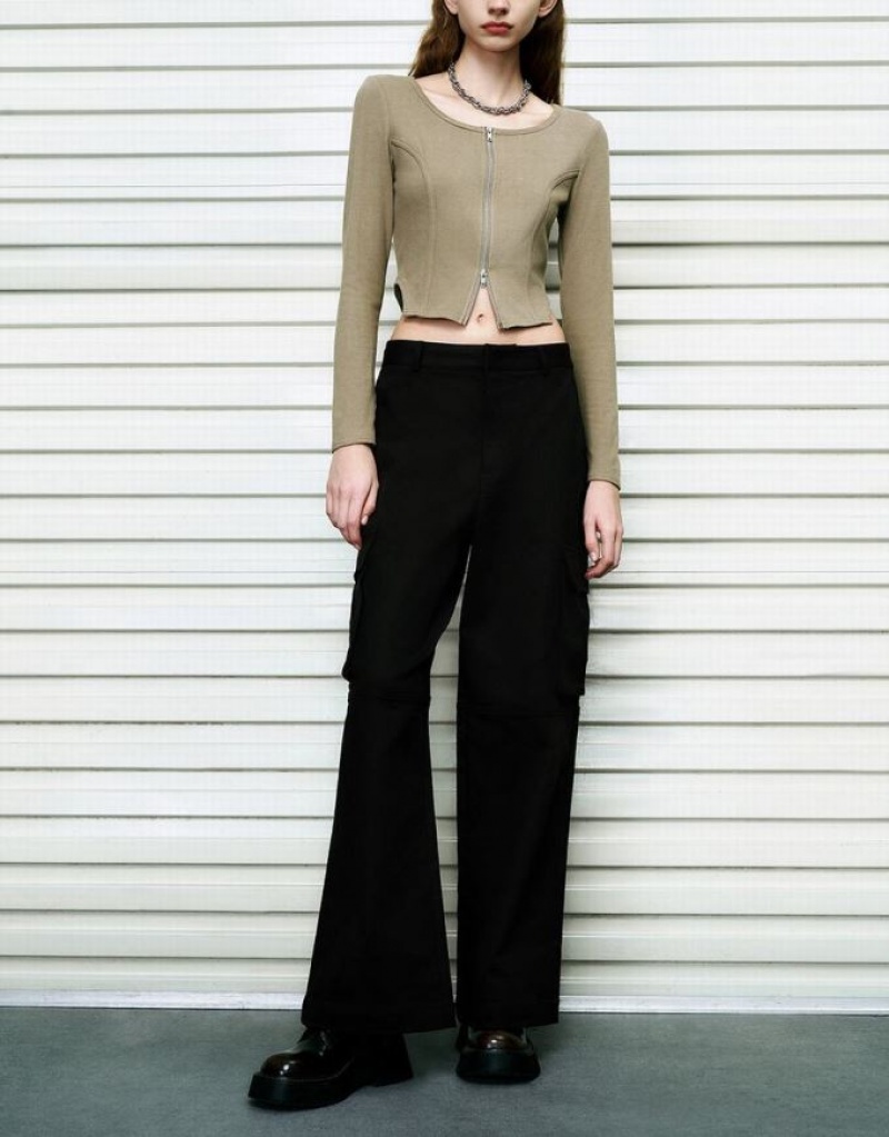 Black Urban Revivo Multi-Pocket Loose Straight Women's Pants | 82916SPZM