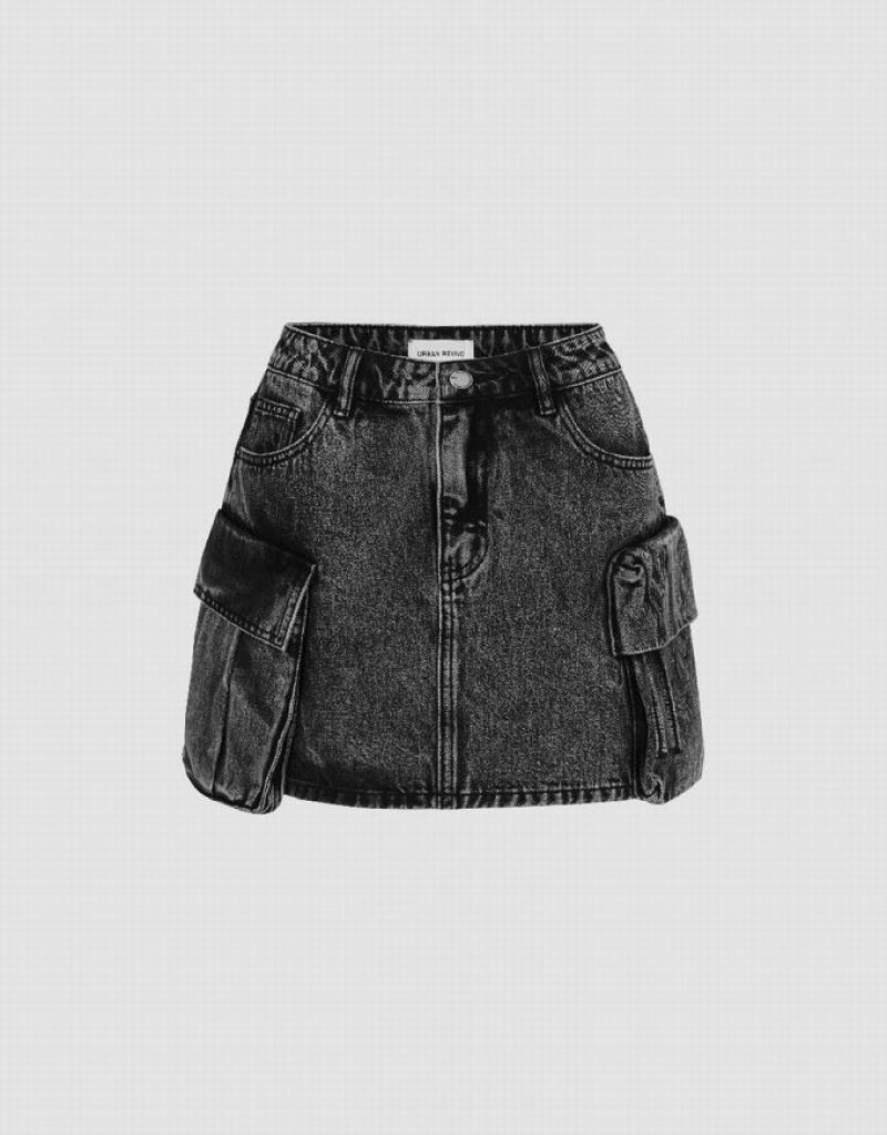 Black Urban Revivo Multi-Pocket Mini Straight Women\'s Denim Skirt | 71582JGOP