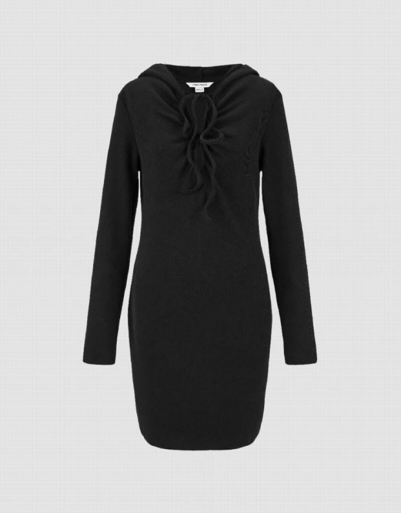 Black Urban Revivo O-Ring Hooded Skinny Women's Dress | 24073JBAE