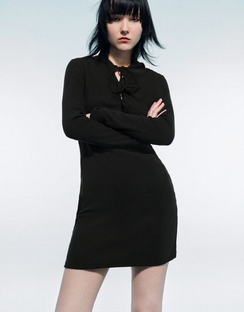 Black Urban Revivo O-Ring Hooded Skinny Women's Dress | 24073JBAE