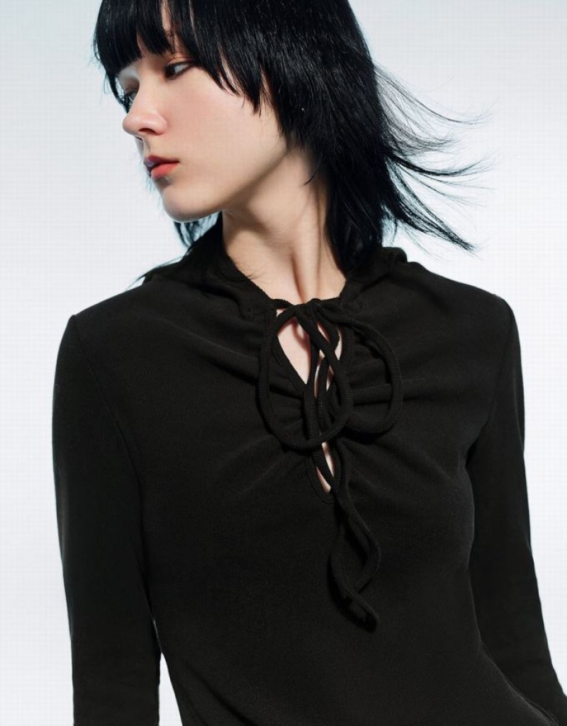 Black Urban Revivo O-Ring Hooded Skinny Women's Dress | 24073JBAE