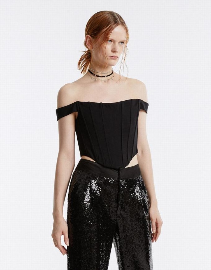 Black Urban Revivo Off-Shoulder Corset Top Women's Bandeau | 48670HFPQ