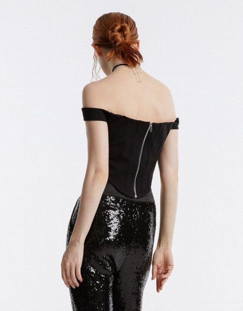 Black Urban Revivo Off-Shoulder Corset Top Women's Bandeau | 48670HFPQ