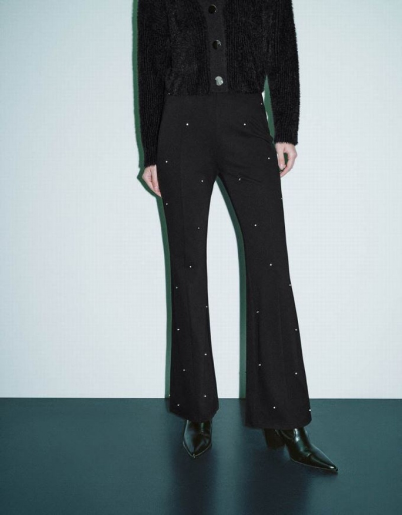 Black Urban Revivo Rhinestone Decor Flare Women's Pants | 82510ZTOF