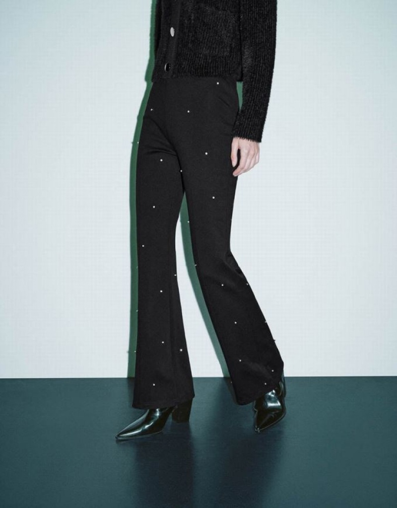 Black Urban Revivo Rhinestone Decor Flare Women's Pants | 82510ZTOF