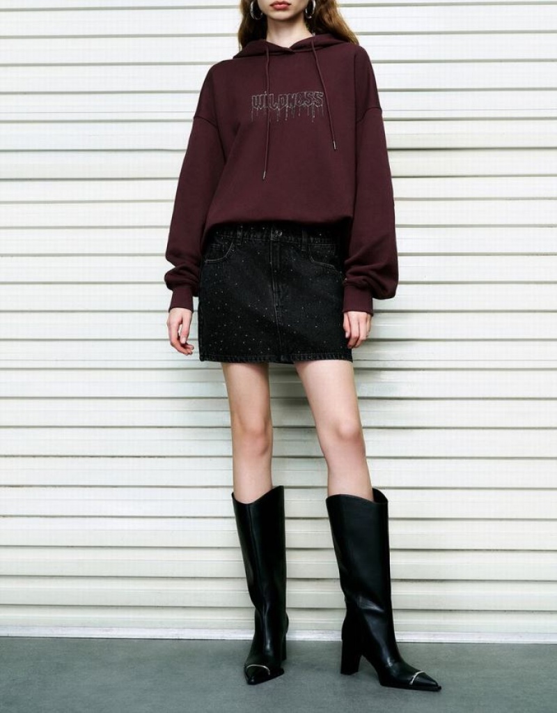 Black Urban Revivo Rhinestone Decor Mini Straight Women's Denim Skirt | 89376HBWE