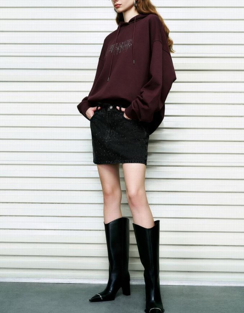 Black Urban Revivo Rhinestone Decor Mini Straight Women's Denim Skirt | 89376HBWE