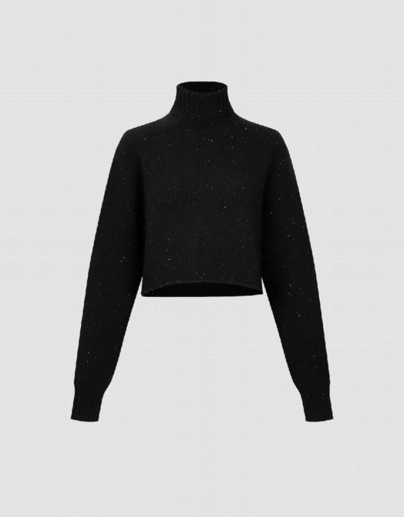 Black Urban Revivo Rhinestone Decor Stand Collar Knitted Women's Cardigan | 68235YNKI