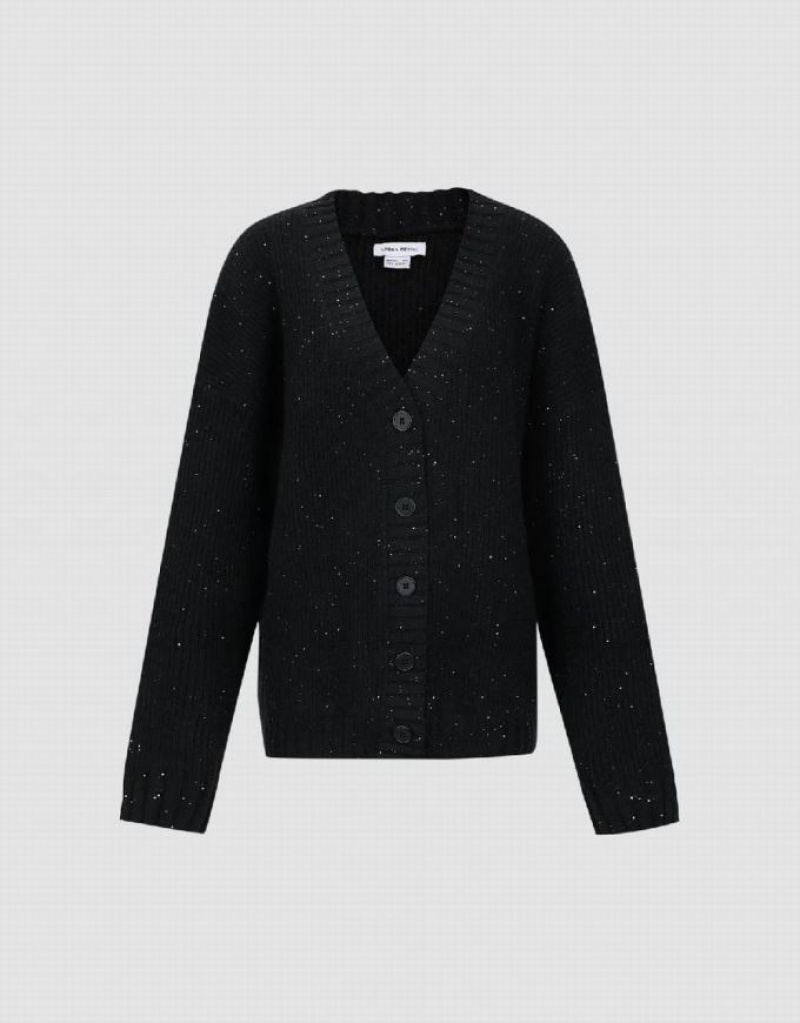 Black Urban Revivo Rhinestone Decor V-Neck Knitted Women's Cardigan | 96042PQKS