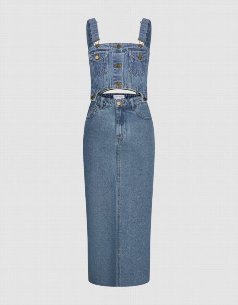 Blue Urban Revivo 2 In 1 Pinafore Women's Denim Dress | 18054YNED