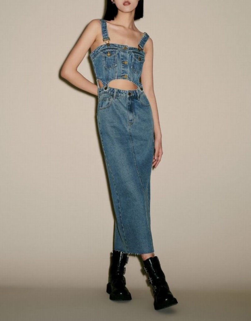 Blue Urban Revivo 2 In 1 Pinafore Women's Denim Dress | 18054YNED