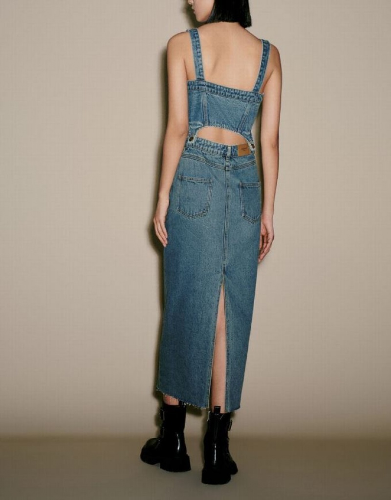 Blue Urban Revivo 2 In 1 Pinafore Women's Denim Dress | 18054YNED