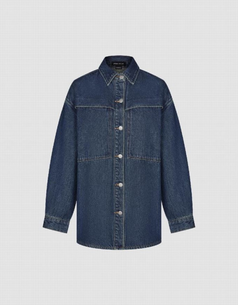 Blue Urban Revivo Button Up Oversized Denim Women's Shirts | 10895JXTC