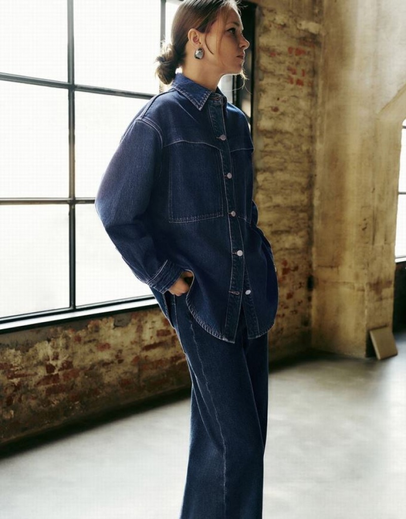 Blue Urban Revivo Button Up Oversized Denim Women's Shirts | 10895JXTC