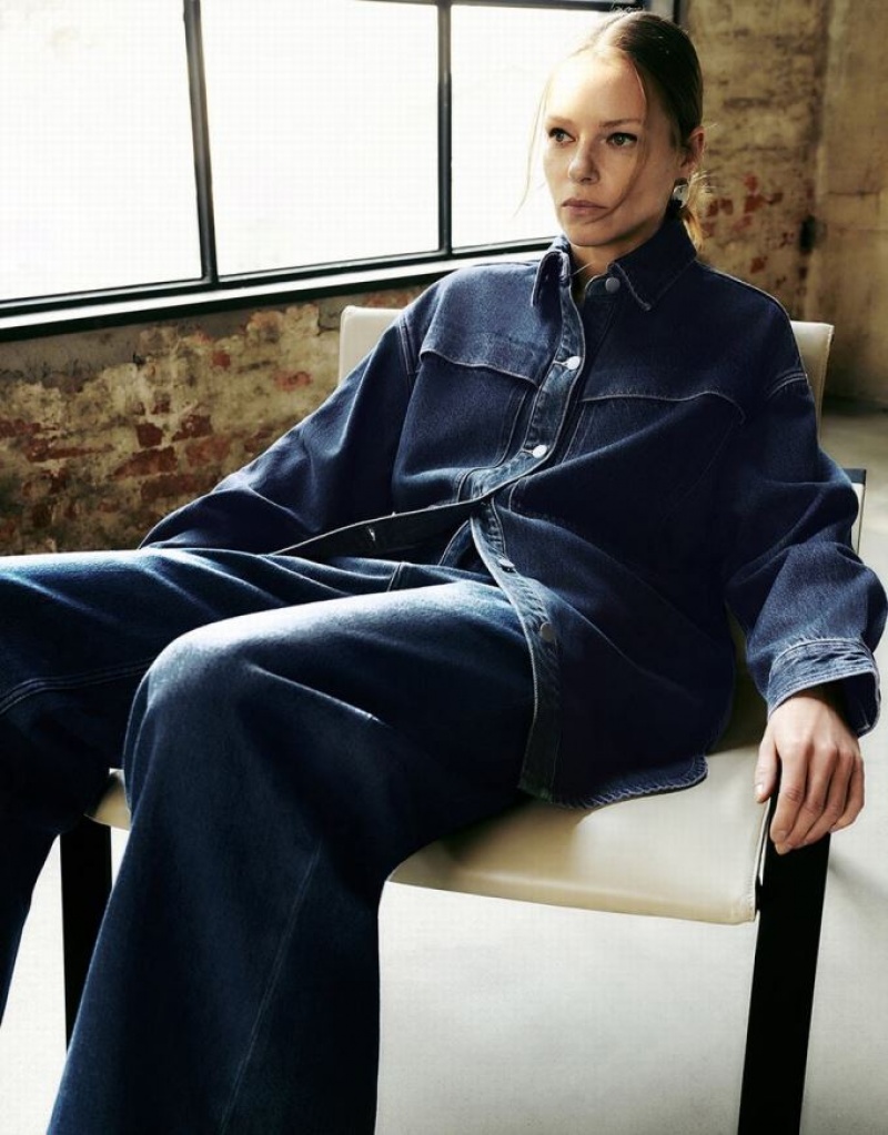 Blue Urban Revivo Button Up Oversized Denim Women's Shirts | 10895JXTC