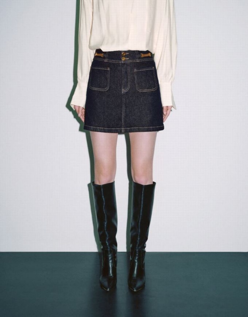 Blue Urban Revivo Chain Decor Mini A-Line Women's Denim Skirt | 90658WYCJ