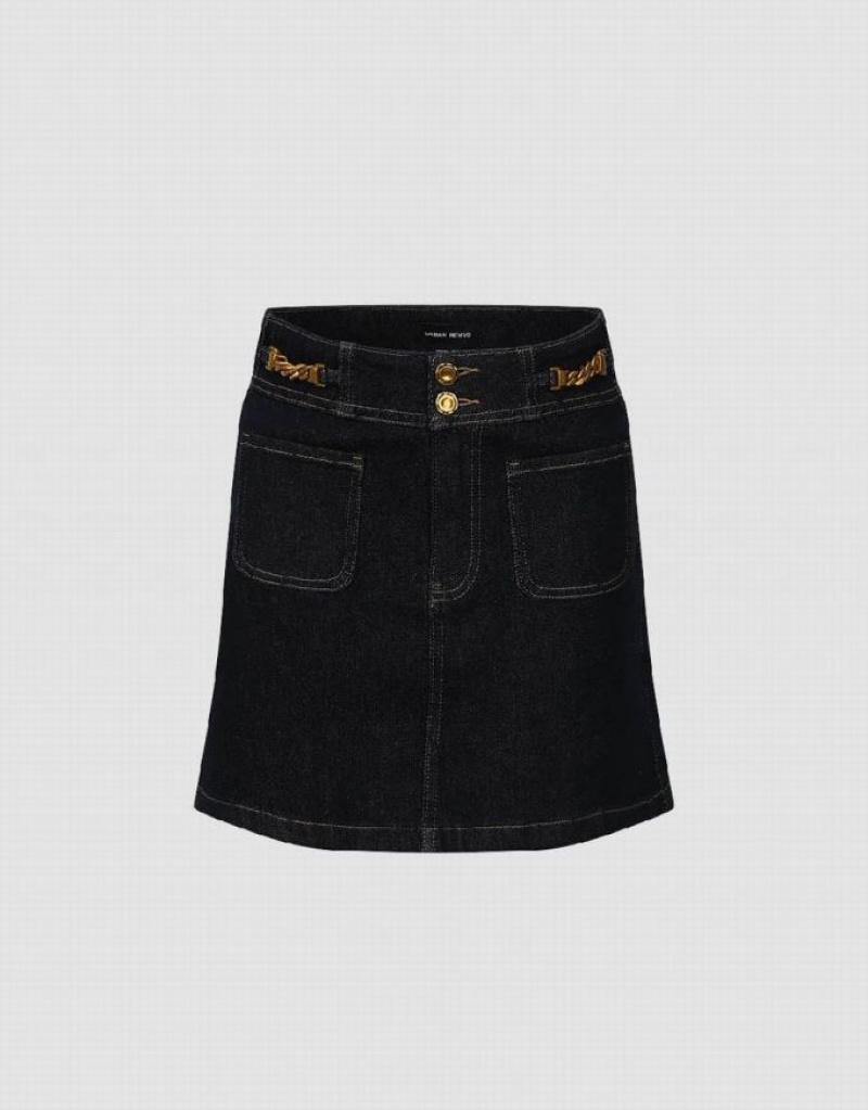 Blue Urban Revivo Chain Decor Mini A-Line Women\'s Denim Skirt | 90658WYCJ