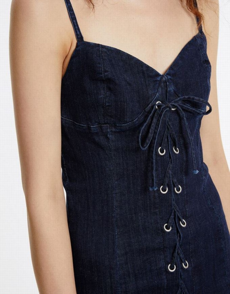 Blue Urban Revivo Corset Style Women's Denim Dress | 79820AIBK